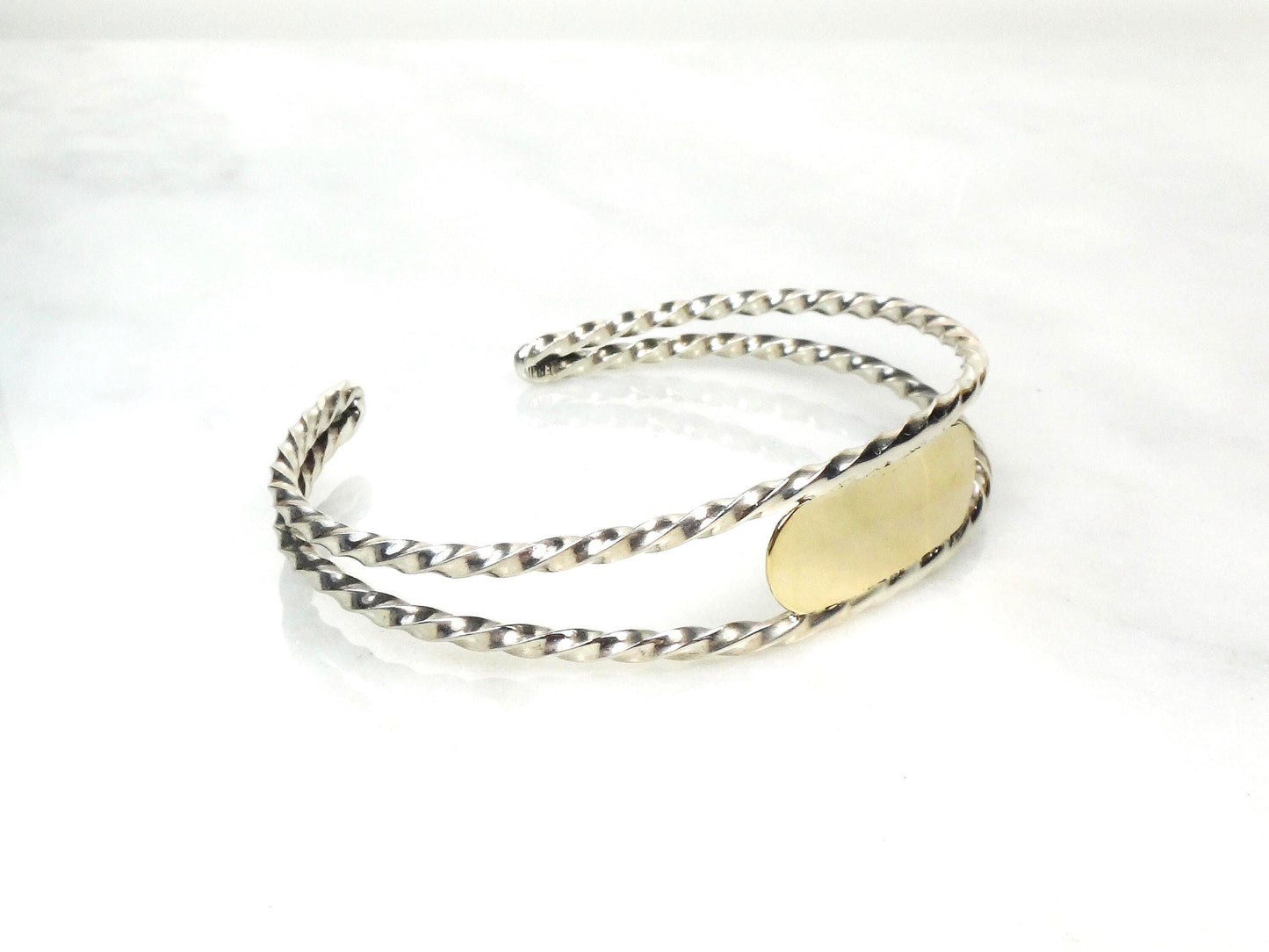 Vintage 14k Gold and Sterling Silver Cuff - Mixed Metal Monogram Name Bracelet - Engravable ID Jewelry - Circa 1970's