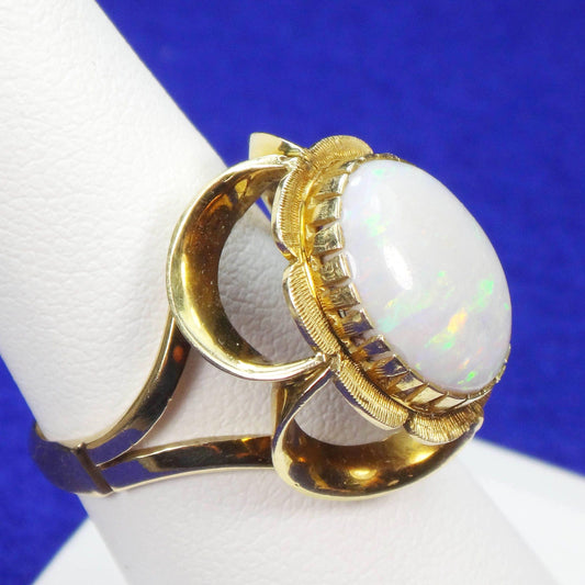 Vintage 14k Yellow Gold Natural Opal Ring - Large October Birthstone Floral Ring - Size 7 - Circa 1950