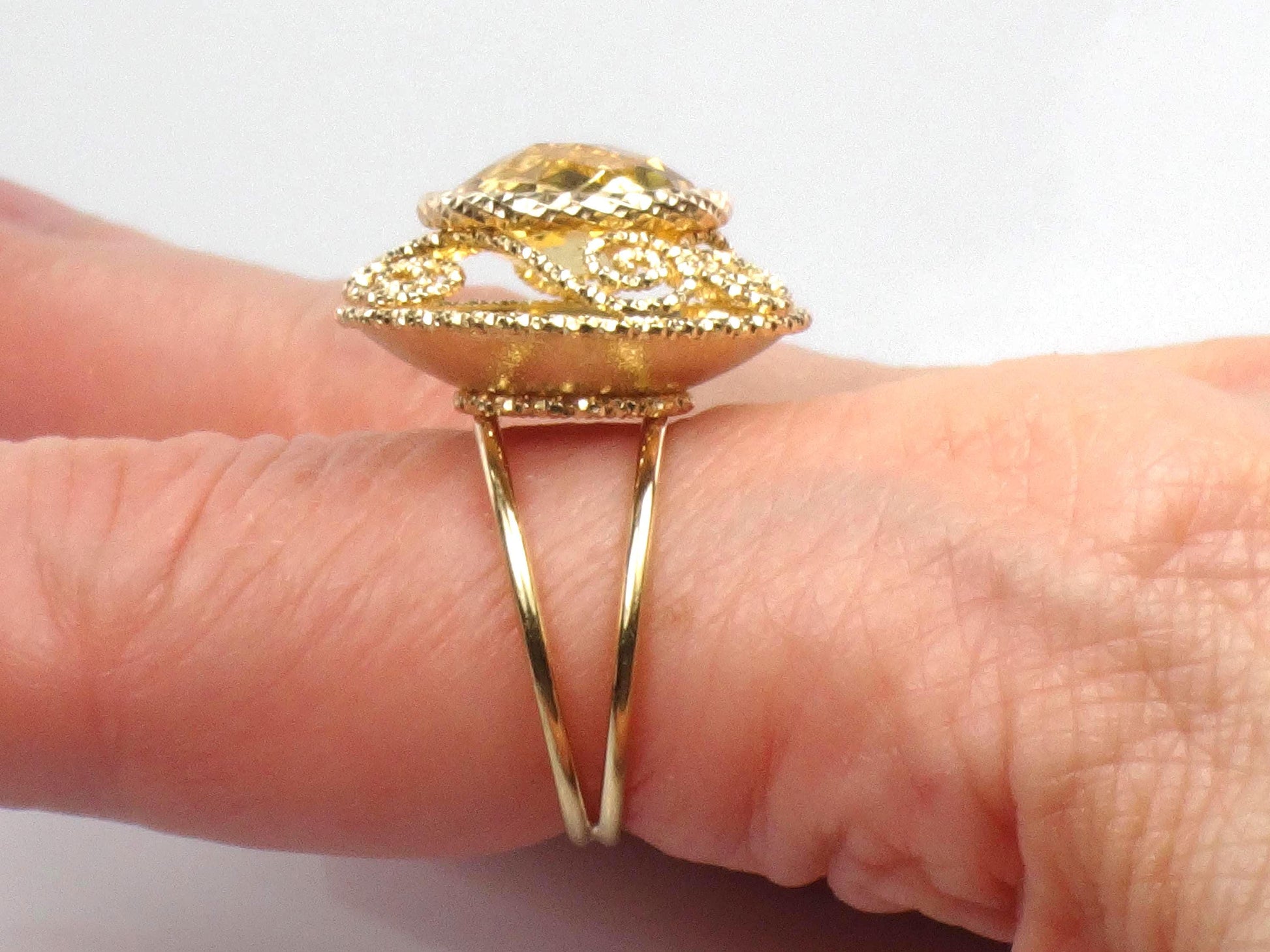 Vintage 14k Yellow Gold Citrine Ring: Checkerboard Cocktail Ring, Size 7.25