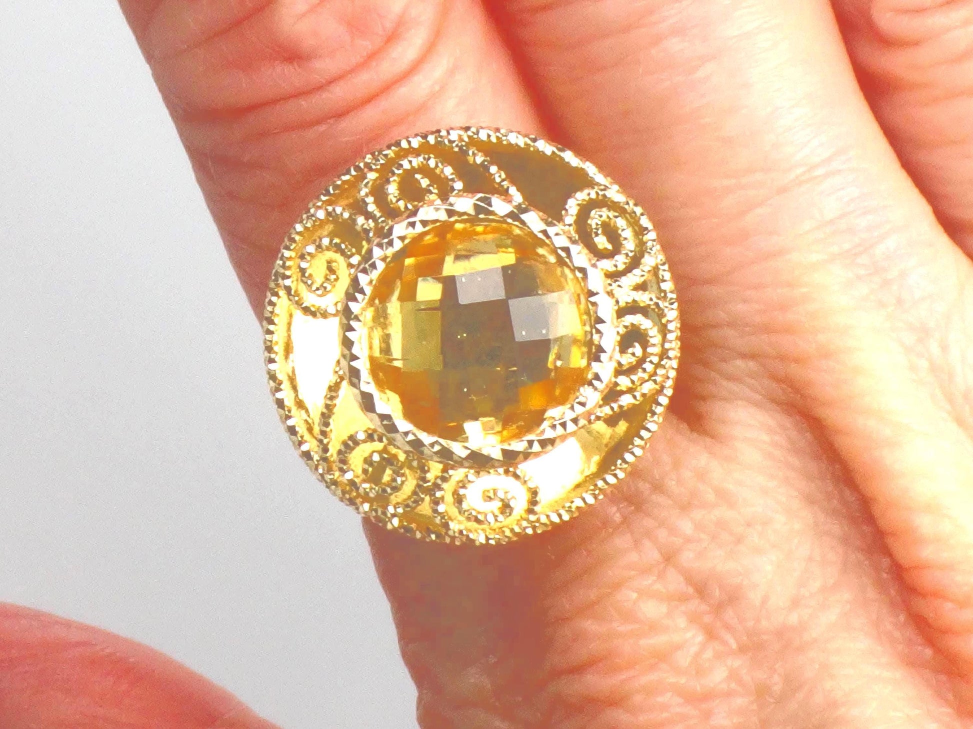 Vintage 14k Yellow Gold Citrine Ring: Checkerboard Cocktail Ring, Size 7.25