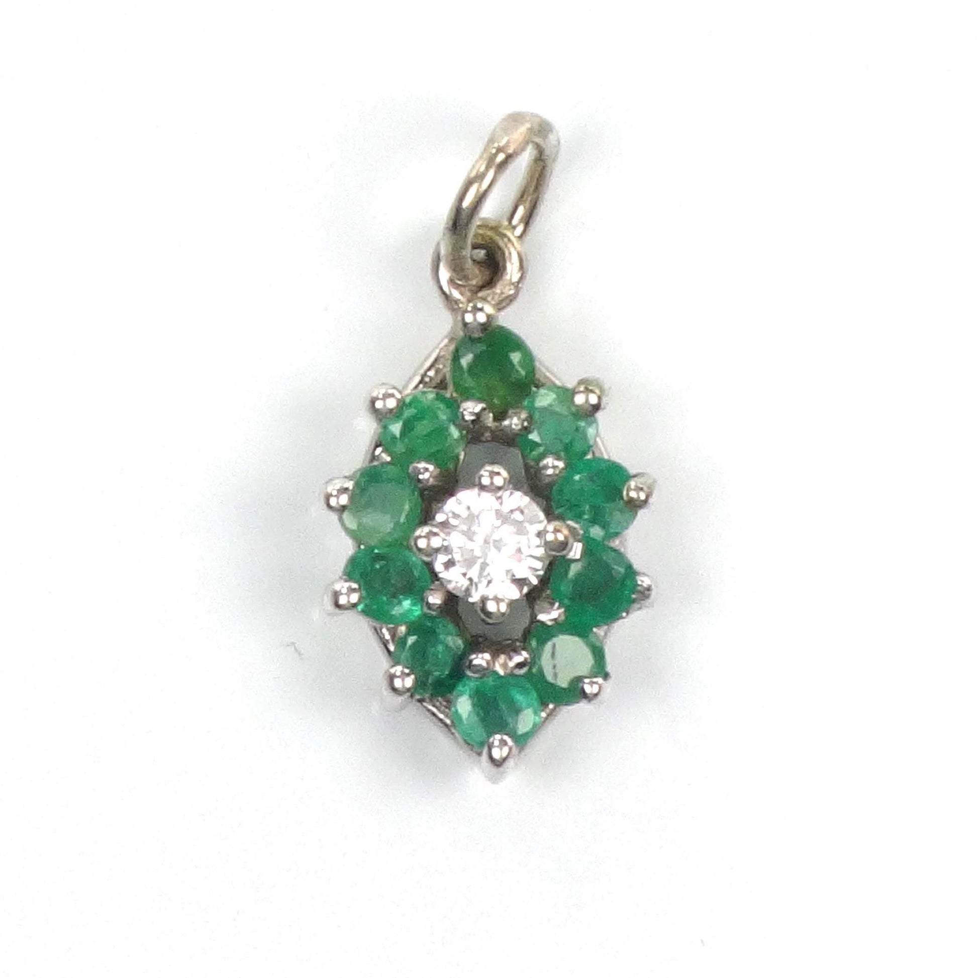 14k Diamond and Emerald Pendant - Vintage White Gold Green May Birthstone Charm - Natural Gemstones - Circa 1980's