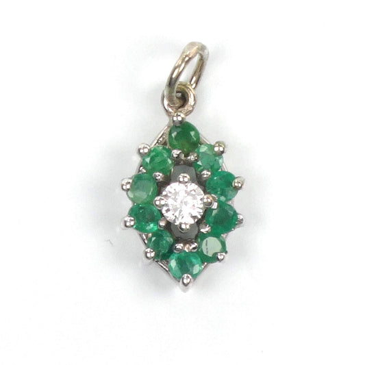 14k Diamond and Emerald Pendant - Vintage White Gold Green May Birthstone Charm - Natural Gemstones - Circa 1980's