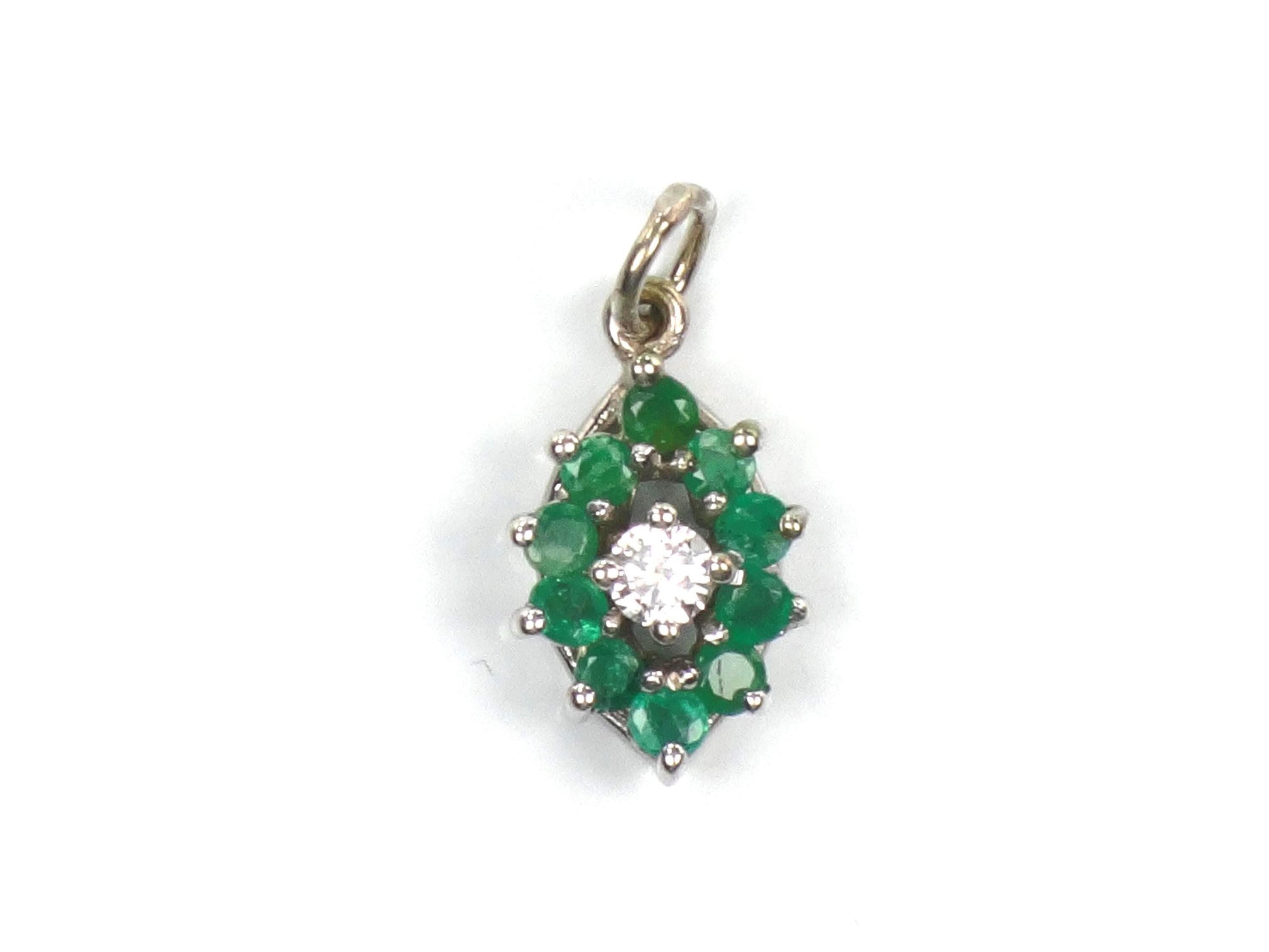 14k Diamond and Emerald Pendant - Vintage White Gold Green May Birthstone Charm - Natural Gemstones - Circa 1980's