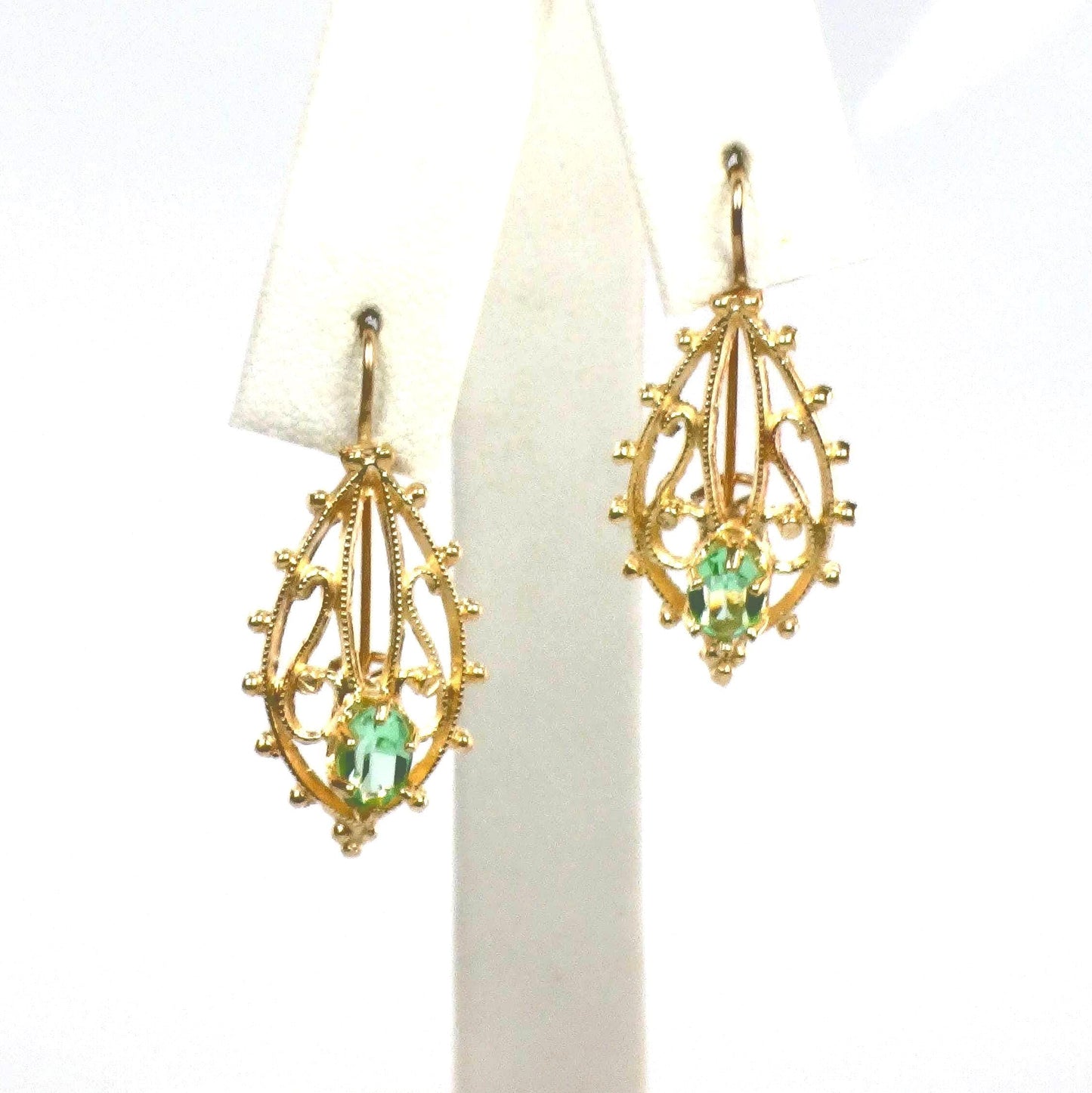 14k Green Stone Dangle Earrings - Vintage Airy Yellow Gold Filigree Style with Locking Wires - Circa 1990's