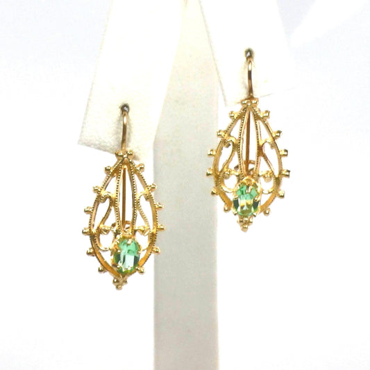 14k Green Stone Dangle Earrings - Vintage Airy Yellow Gold Filigree Style with Locking Wires - Circa 1990's