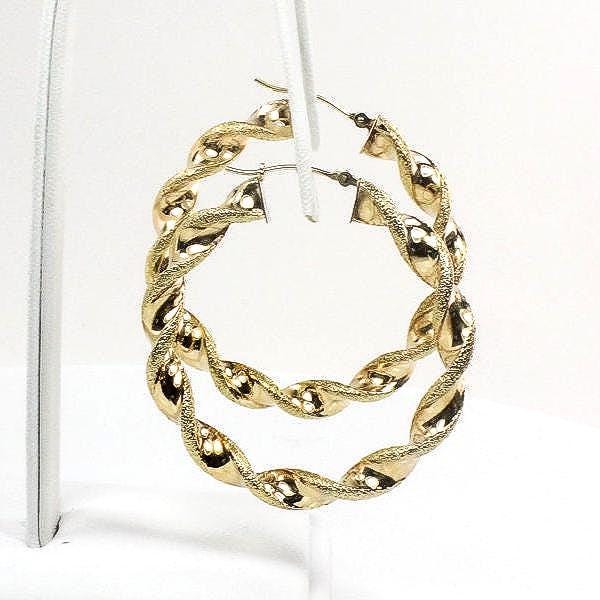 Large 14k Hoop Earrings with Fancy Twist Design - Vintage 14k Yellow Gold 1.75" Round Shape - Fine Jewelry