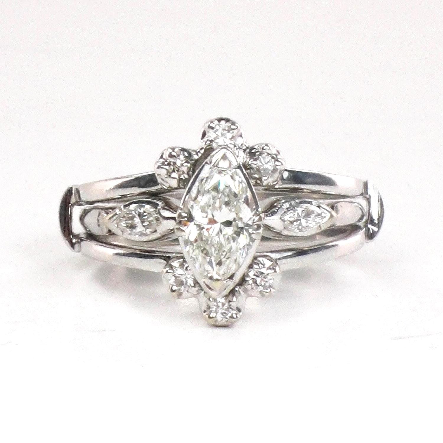 Vintage 14k White Gold Natural Diamond Engagement Ring Set, Marquise Diamond Ring with Diamond Insert Wedding Band Size 5.75