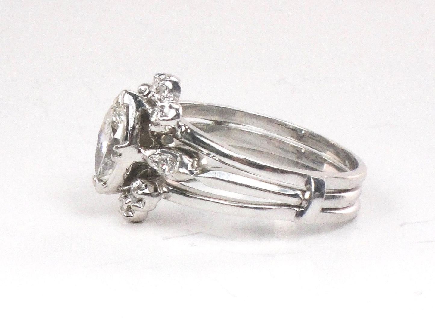 Vintage Marquise Diamond Engagement Ring Set: 14k White Gold, Insert Wedding Band, Size 5.75