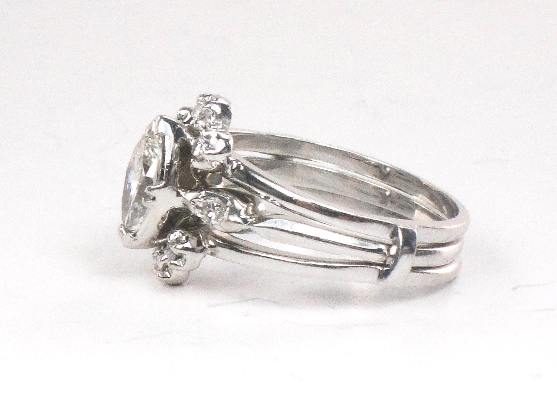 Vintage Marquise Diamond Engagement Ring Set: 14k White Gold, Insert Wedding Band, Size 5.75