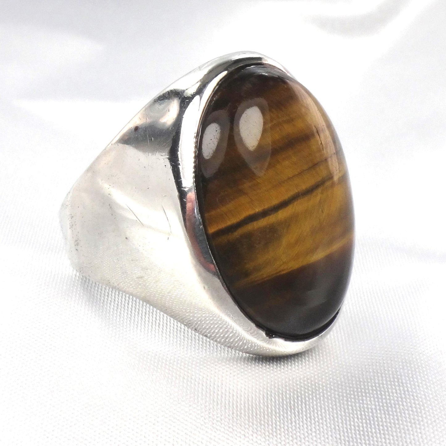 Vintage Men's Tiger's Eye Ring - Sterling Silver Brown Oval Stone - Circa 1970's - Size 9.25