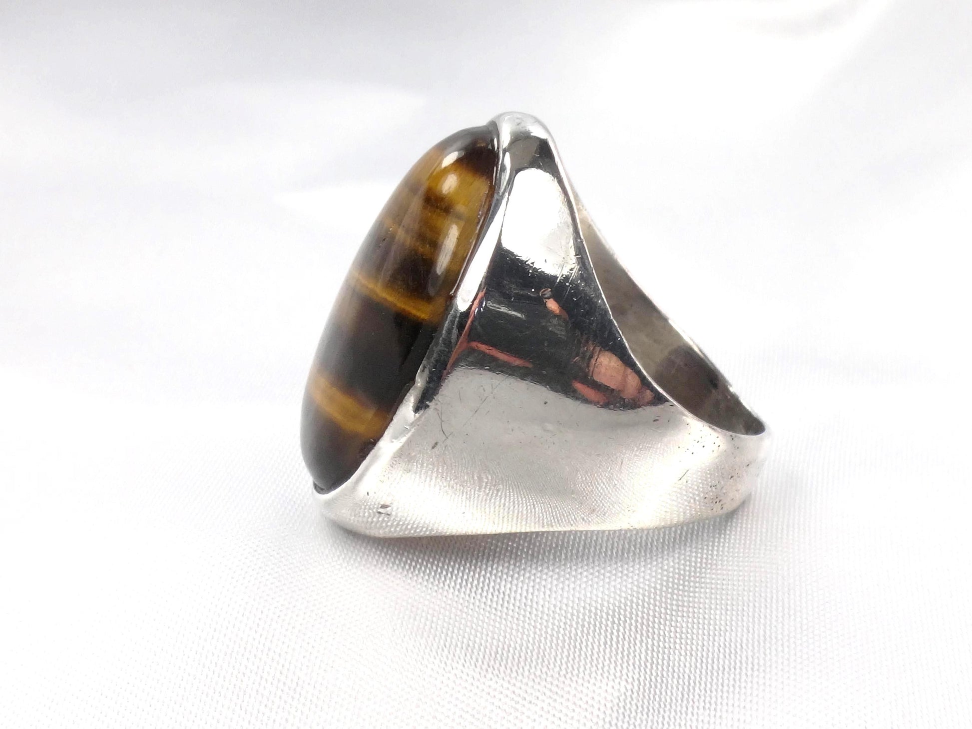 Vintage Men's Tiger's Eye Ring - Sterling Silver Brown Oval Stone - Circa 1970's - Size 9.25