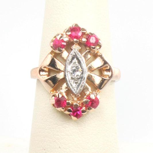 Rose Gold Ruby and Diamond Ring - Retro 1940's 14k July Birthstone Ring - Size 6 - Fine Jewelry