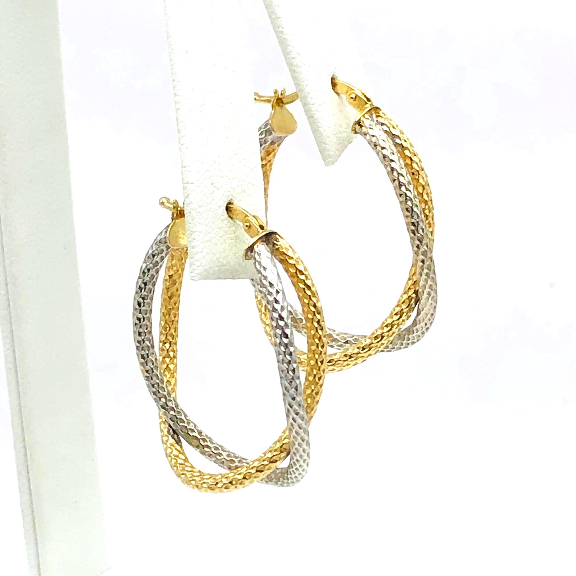 14k Gold Double Hoop Earrings - Two Tone White and Yellow Oval Shaped - Vintage Fine Jewelry