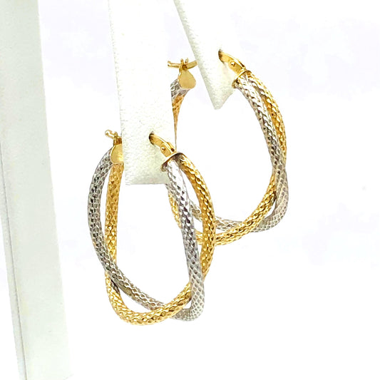 14k Gold Double Hoop Earrings - Two Tone White and Yellow Oval Shaped - Vintage Fine Jewelry