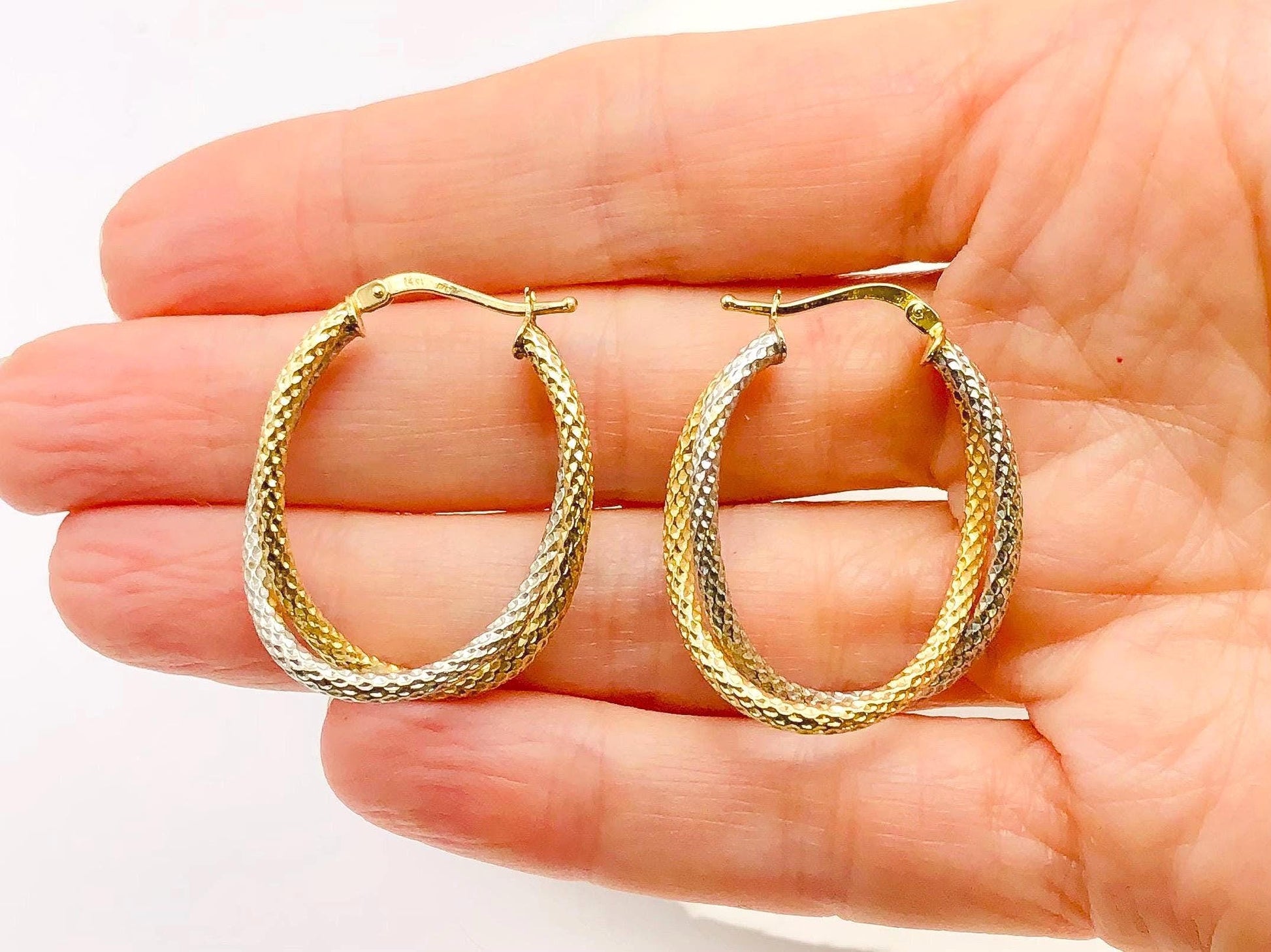 14k Gold Double Hoop Earrings - Two Tone White and Yellow Oval Shaped - Vintage Fine Jewelry
