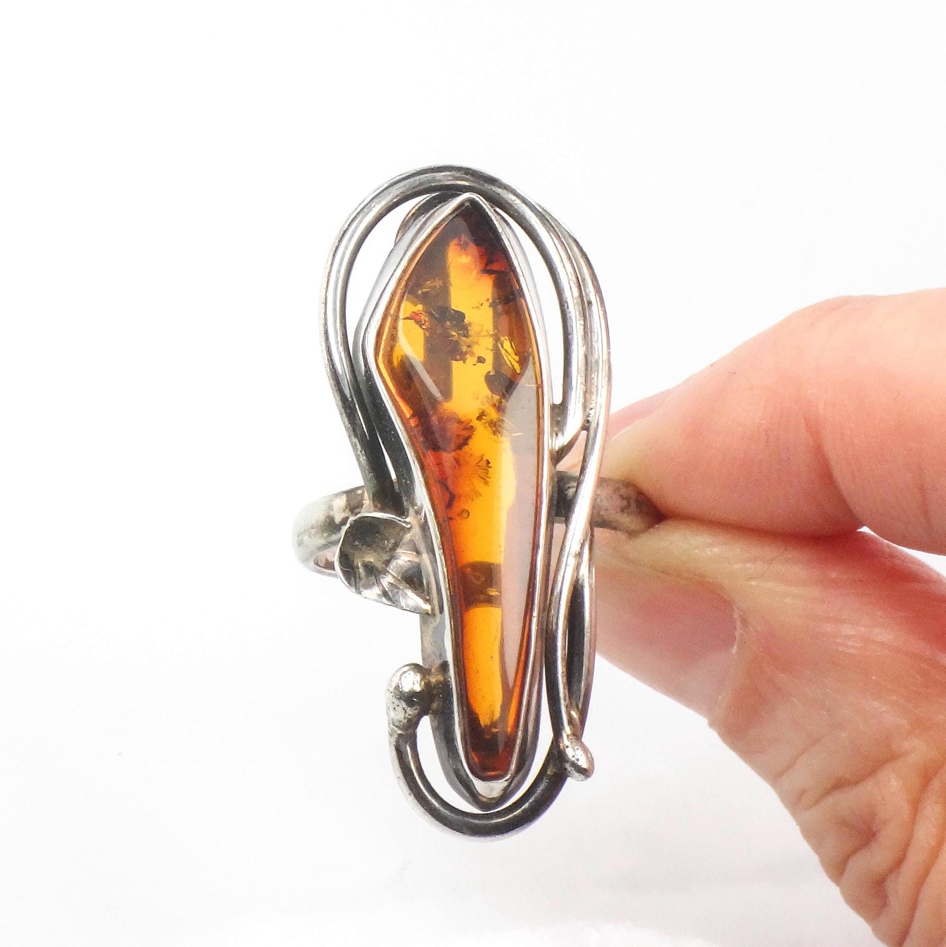 Vintage Large Sterling Silver Freeform Shaped Amber Ring Size 9.25