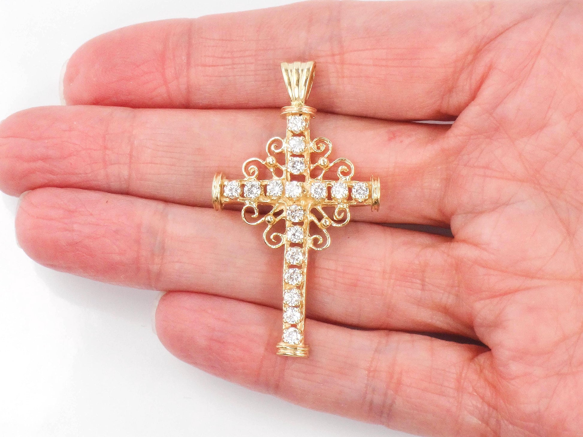 Large 14k Diamond Cross Pendant - Vintage Yellow Gold Approximately 1 Carat TDW Natural Stones - Fine Jewelry