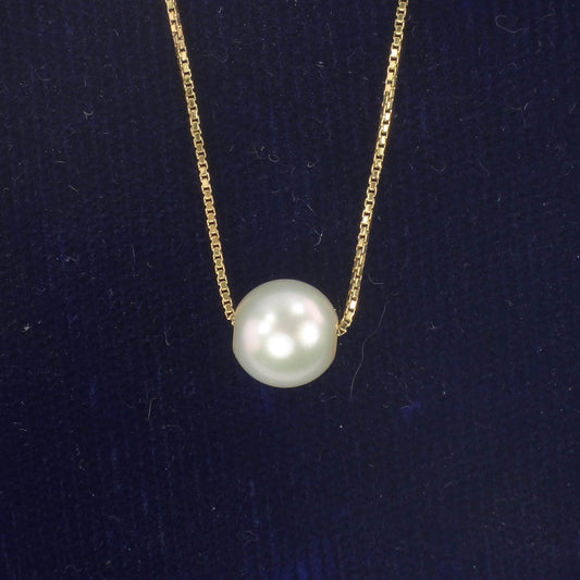 18k Pearl Necklace - Yellow Gold Minimalist 7.5 MM White Cultured Pendant 20" - Vintage Fine Bridal Jewelry