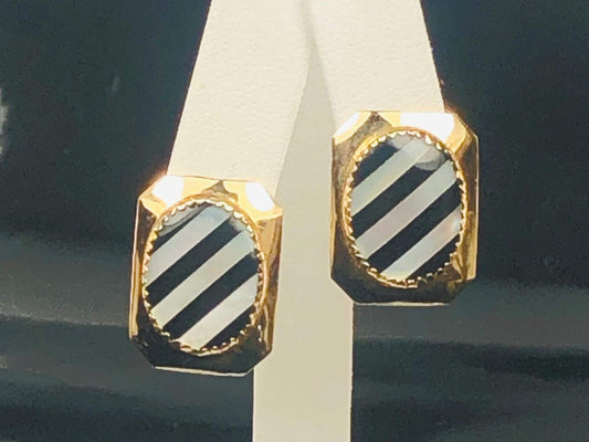 Vintage 14k Yellow Gold Black Onyx and Mother of Pearl Stud Earrings, Striped Octagon Shaped Studs