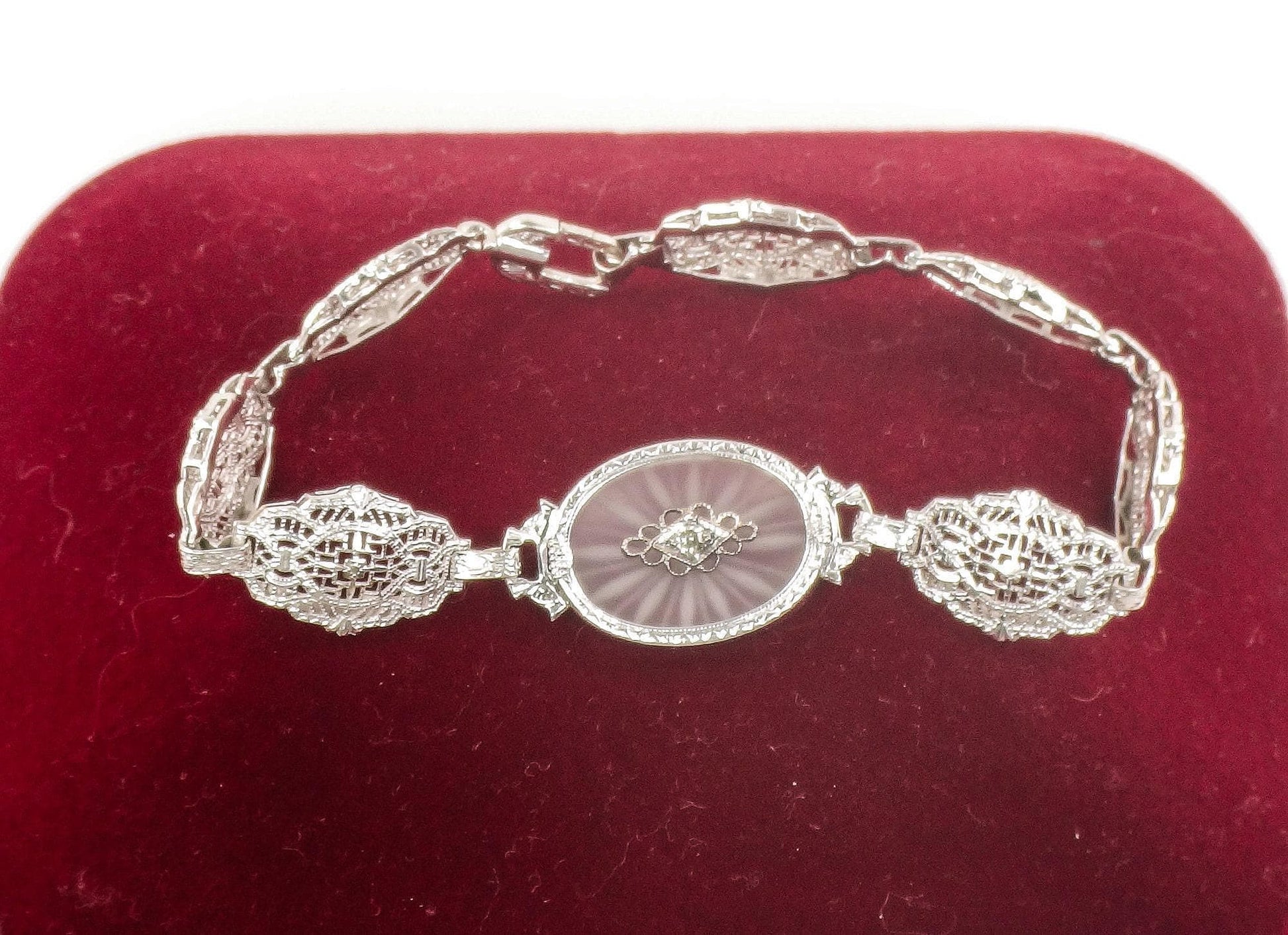 Art Deco 14k White Gold Rock Crystal Quartz and Diamond Bracelet, Bridal Bracelet Small 6.5&quot;