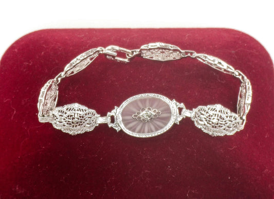 Art Deco 14k White Gold Rock Crystal Quartz and Diamond Bracelet, Bridal Bracelet Small 6.5&quot;