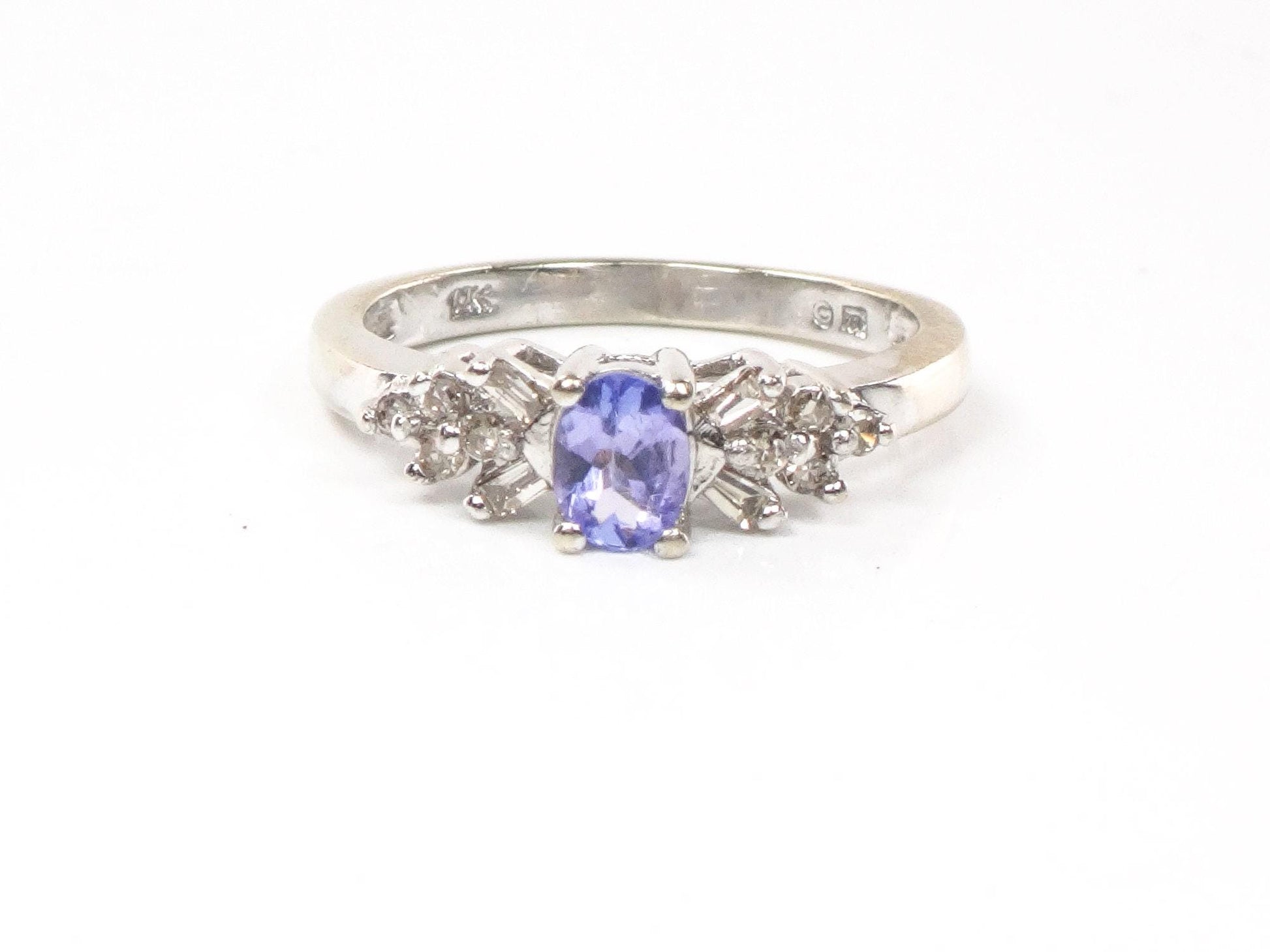 Vintage 10k White Gold Tanzanite and Natural Diamond Ring, Purple Stone Ring