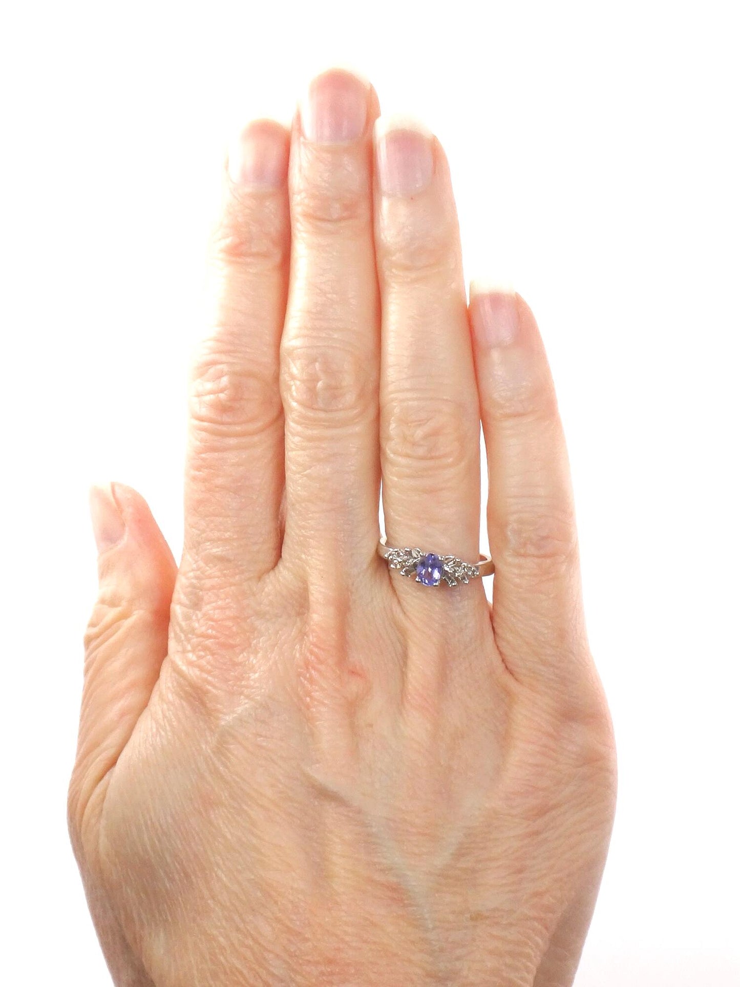 Vintage 10k White Gold Tanzanite and Natural Diamond Ring, Purple Stone Ring