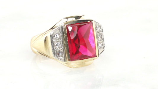 Vintage 14k Yellow Gold Ruby and Diamond Ring Solid Gold Men&#39;s July Birthstone Ring Size 9.75