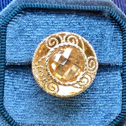 Vintage 14k Yellow Gold Citrine Ring: Checkerboard Cocktail Ring, Size 7.25