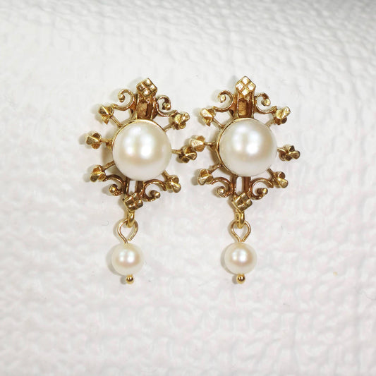 Cultured Pearl Dangle Earrings - 14k Yellow Gold Fine Bridal Jewelry - Vintage Circa 1940's