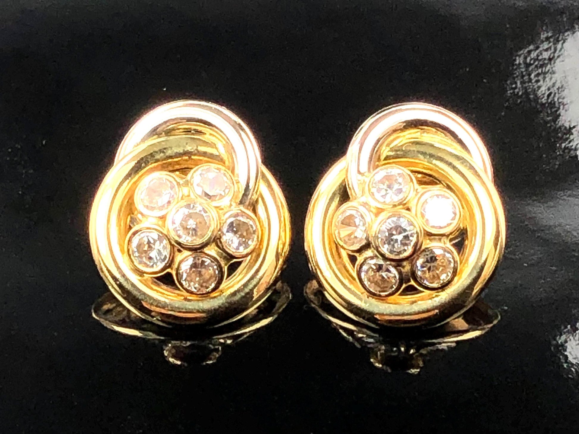 Vintage 18k Two Tone Gold Cubic Zirconia Stud Earrings, Large Floral CZ Studs