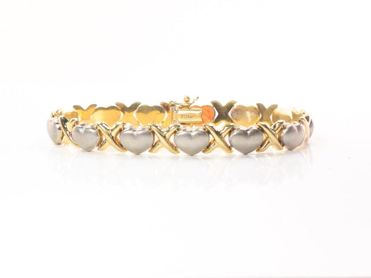 14k Two-Tone Gold X and Hearts Bracelet - Hugs and Kisses Italian Gold Bracelet - 7.25" - Circa 1990's