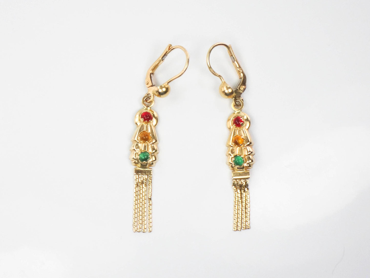 Fringe Dangle Earrings - Vintage 14k Yellow Gold Boho Style Multi-Color Glass Earrings with Lever Backs
