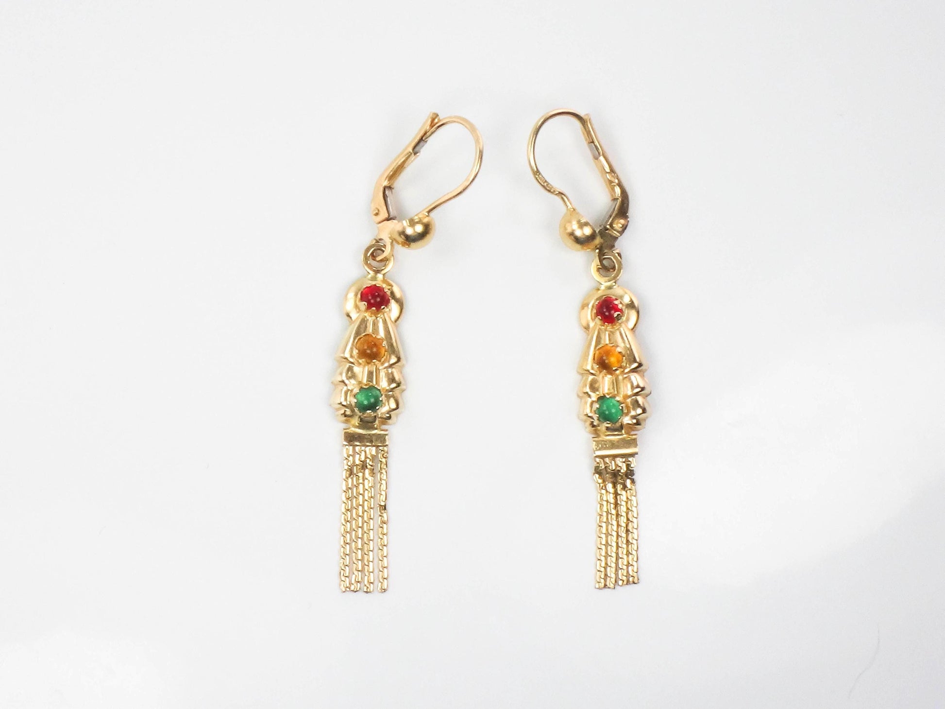 Fringe Dangle Earrings - Vintage 14k Yellow Gold Boho Style Multi-Color Glass Earrings with Lever Backs