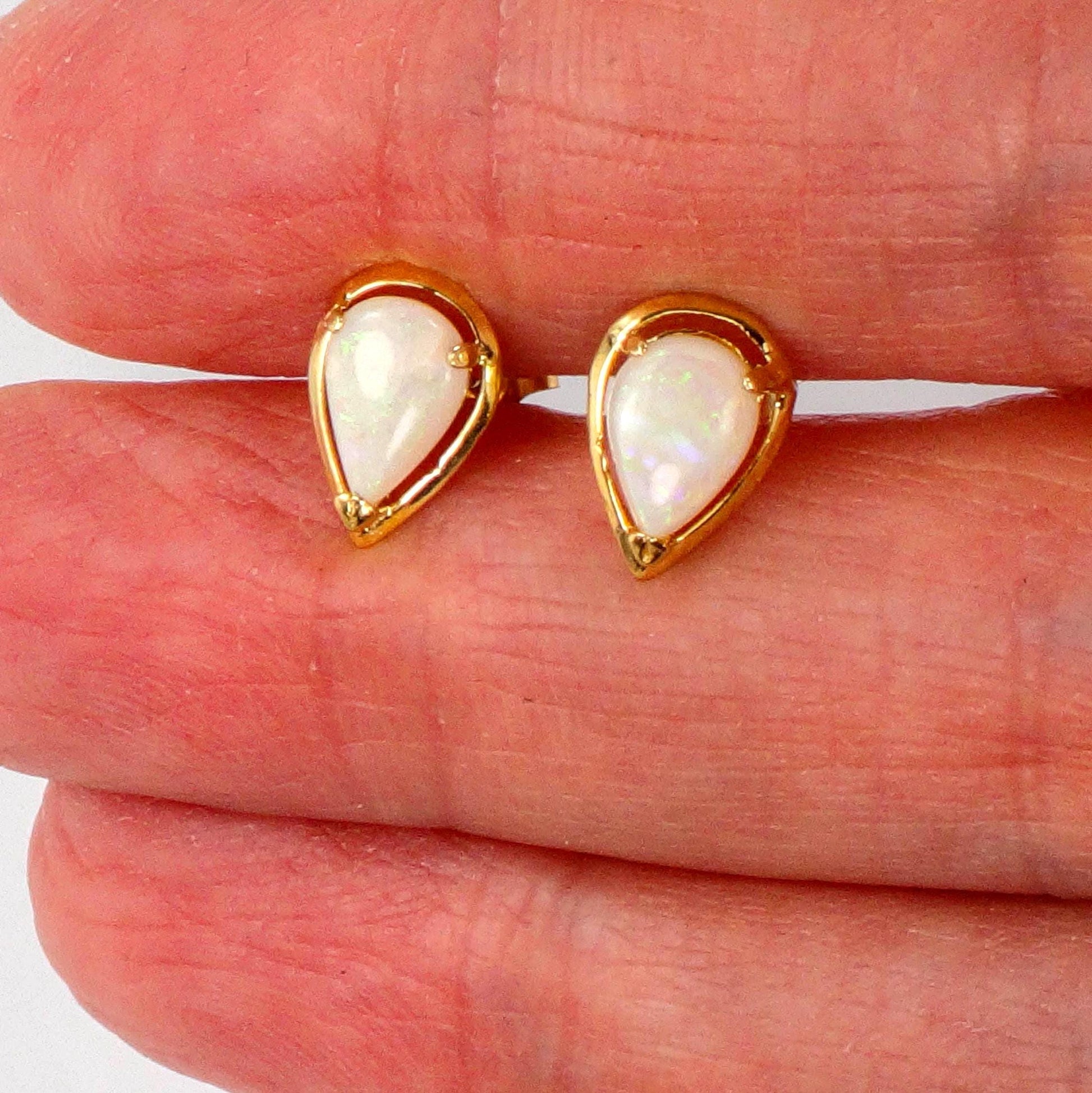 Vintage 14k Yellow Gold Natural Opal Earrings - Pear Shaped Studs - October Birthstone Birthday Gift