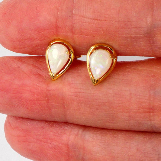 Vintage 14k Yellow Gold Natural Opal Earrings - Pear Shaped Studs - October Birthstone Birthday Gift