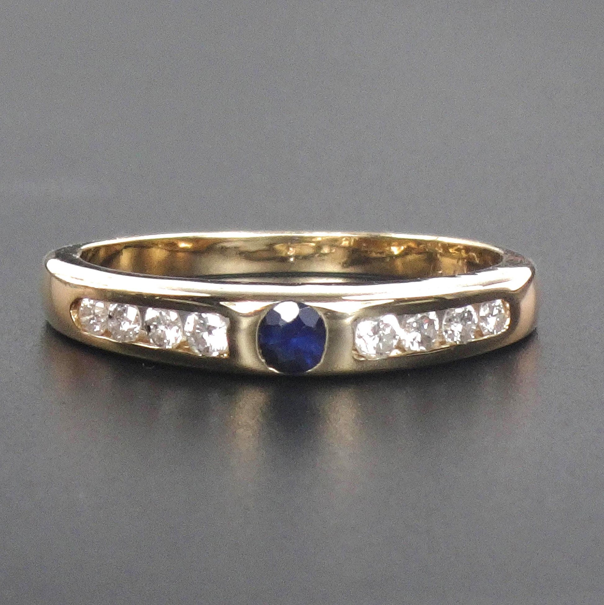 Vintage 14k Yellow Gold Natural Blue Sapphire and Diamond Band - Stacking Ring - Size 6