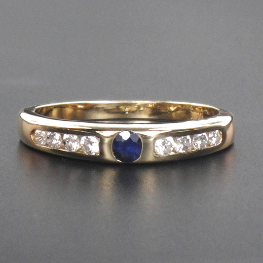 Vintage 14k Yellow Gold Natural Blue Sapphire and Diamond Band - Stacking Ring - Size 6