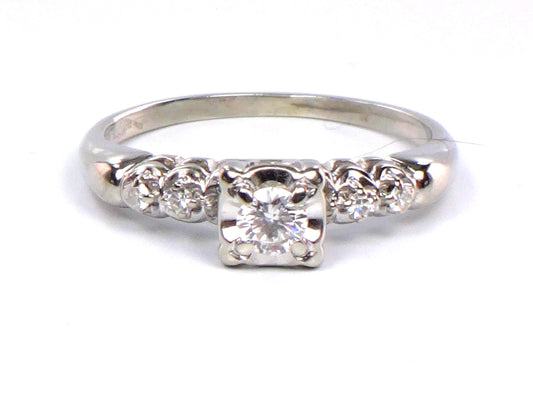 Vintage 14k White Gold Engagement Ring - Natural Round Brilliant Diamond Approximately .25 Carats TDW - Circa 1950's - Size 7.25