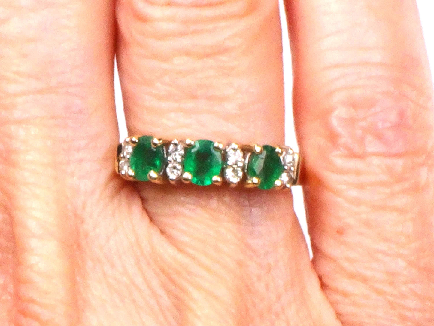 14k Genuine Emerald and Diamond Ring - Vintage Yellow Gold Three Stone Band - Size 5.25 - May Birthstone