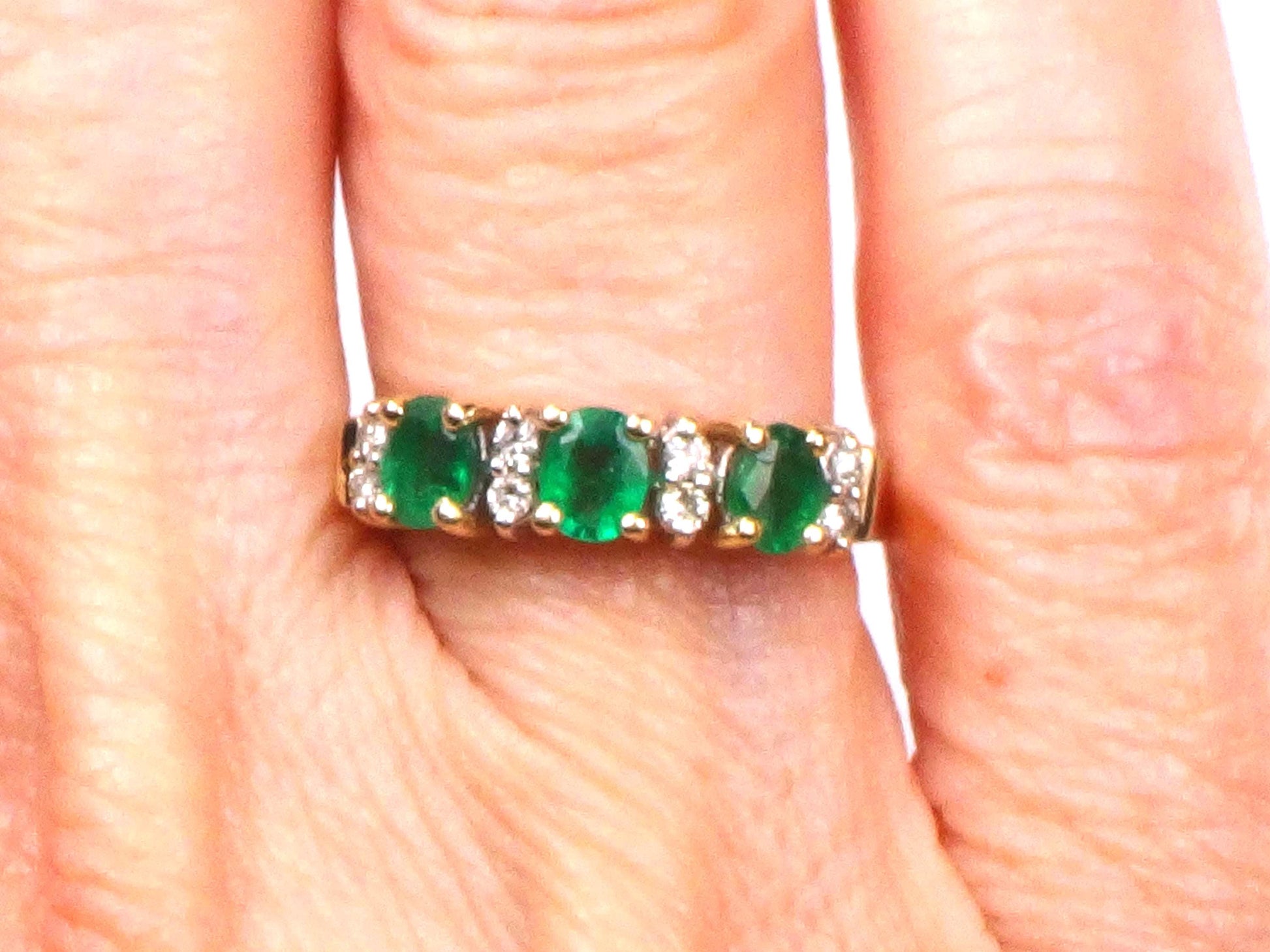 14k Genuine Emerald and Diamond Ring - Vintage Yellow Gold Three Stone Band - Size 5.25 - May Birthstone