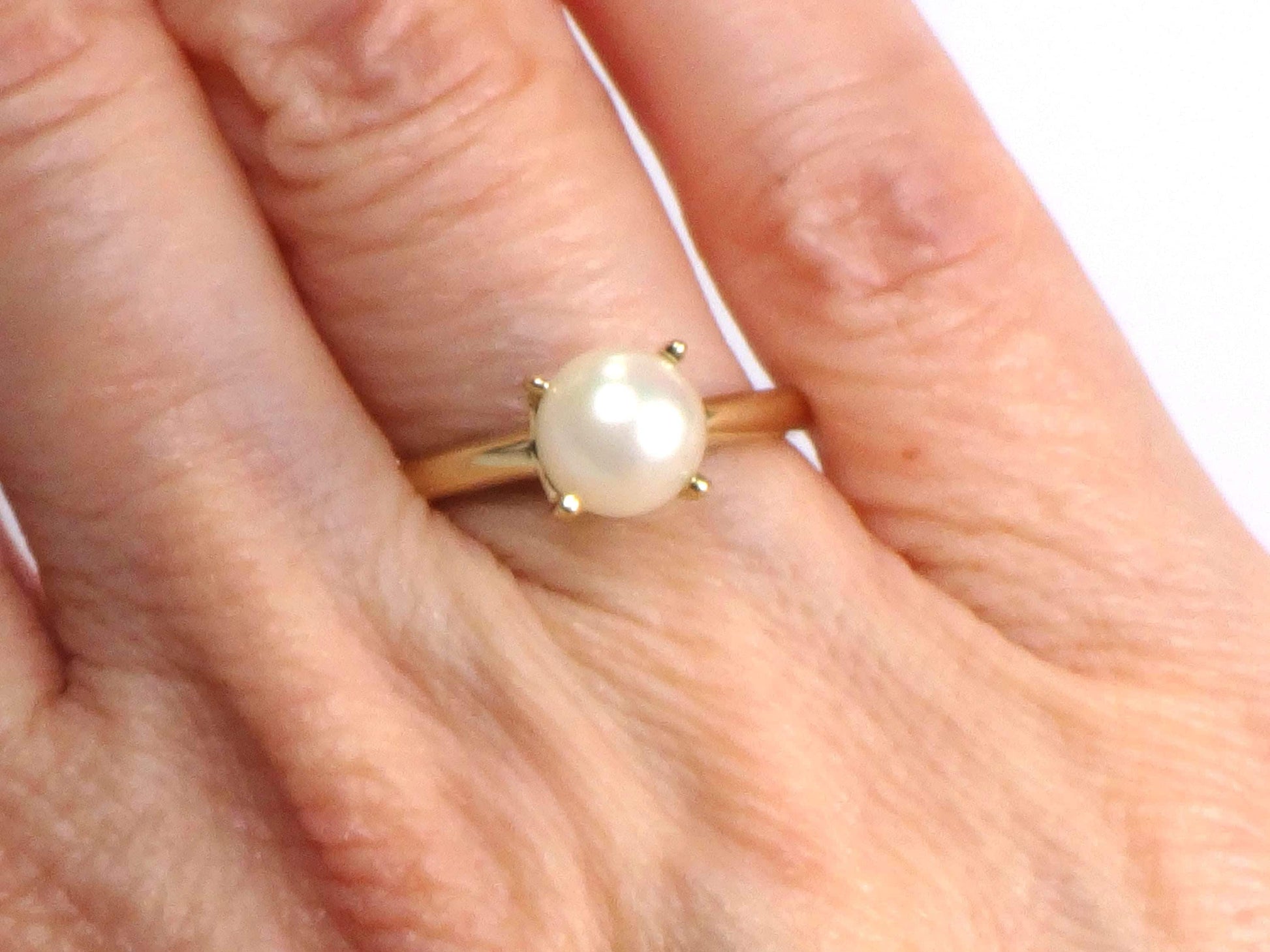 14k Pearl Ring - Vintage Yellow Gold 8 MM White Cultured Pearl Ring - June Birthstone - Size 5.75 - Circa 1960's