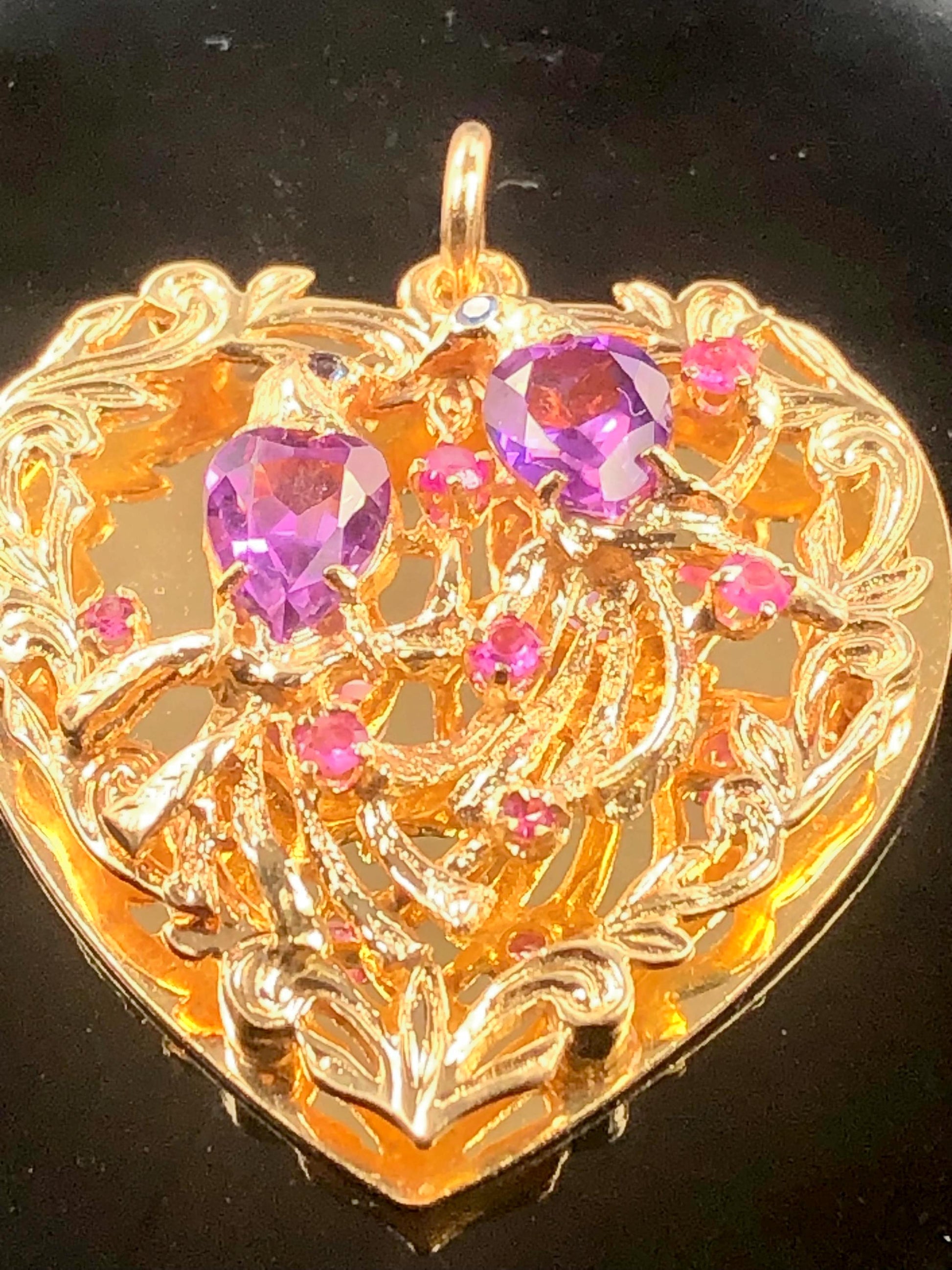 Vintage Large 14k Gold Jeweled Love Birds Heart Pendant with Purple Sapphires and Rubies, 3-D Charm