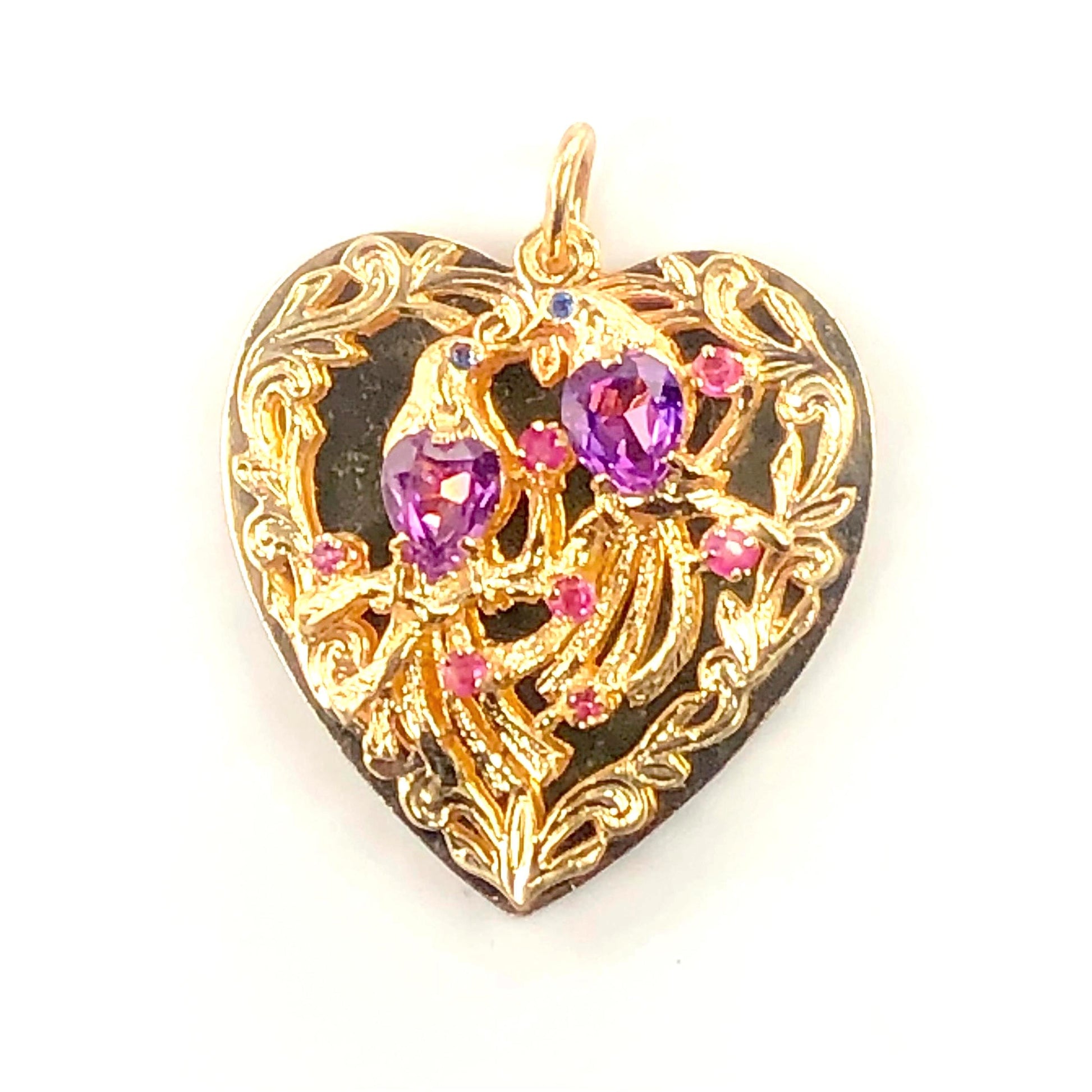 Vintage Large 14k Gold Jeweled Love Birds Heart Pendant with Purple Sapphires and Rubies, 3-D Charm