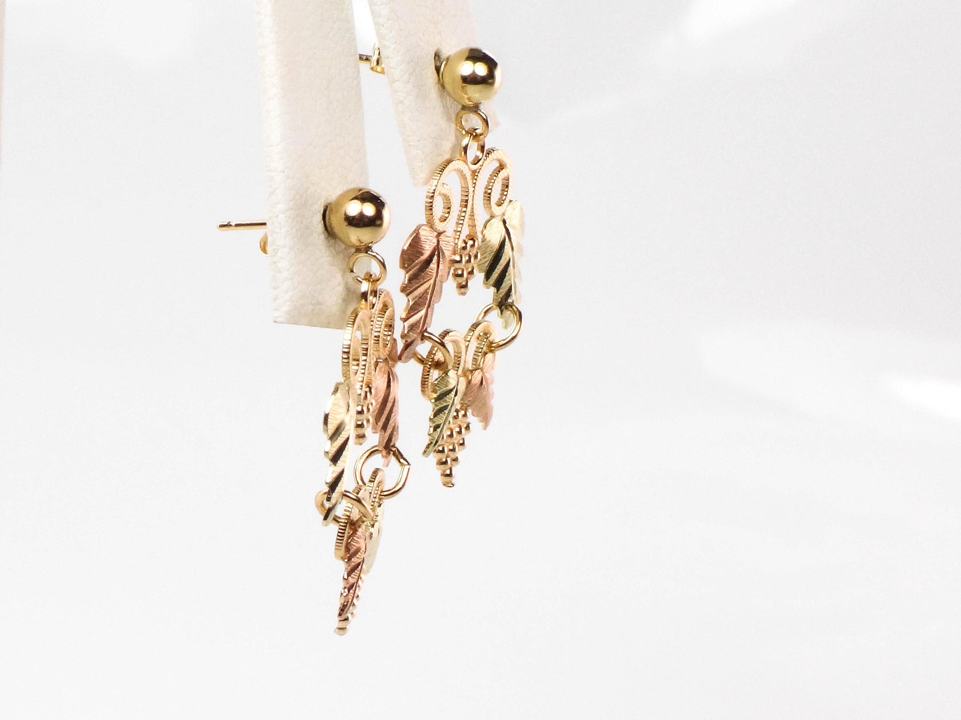 Vintage Black Hills Gold 10k and 14k Tri-Color Gold Grapes Dangle Earrings