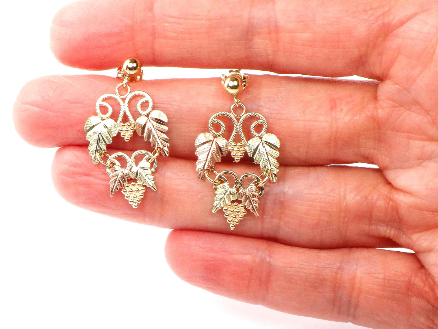 Vintage Black Hills Gold 10k and 14k Tri-Color Gold Grapes Dangle Earrings