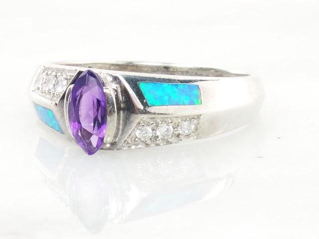 Vintage Sterling Silver Amethyst and Opal Ring: Purple February Birthstone, Size 10