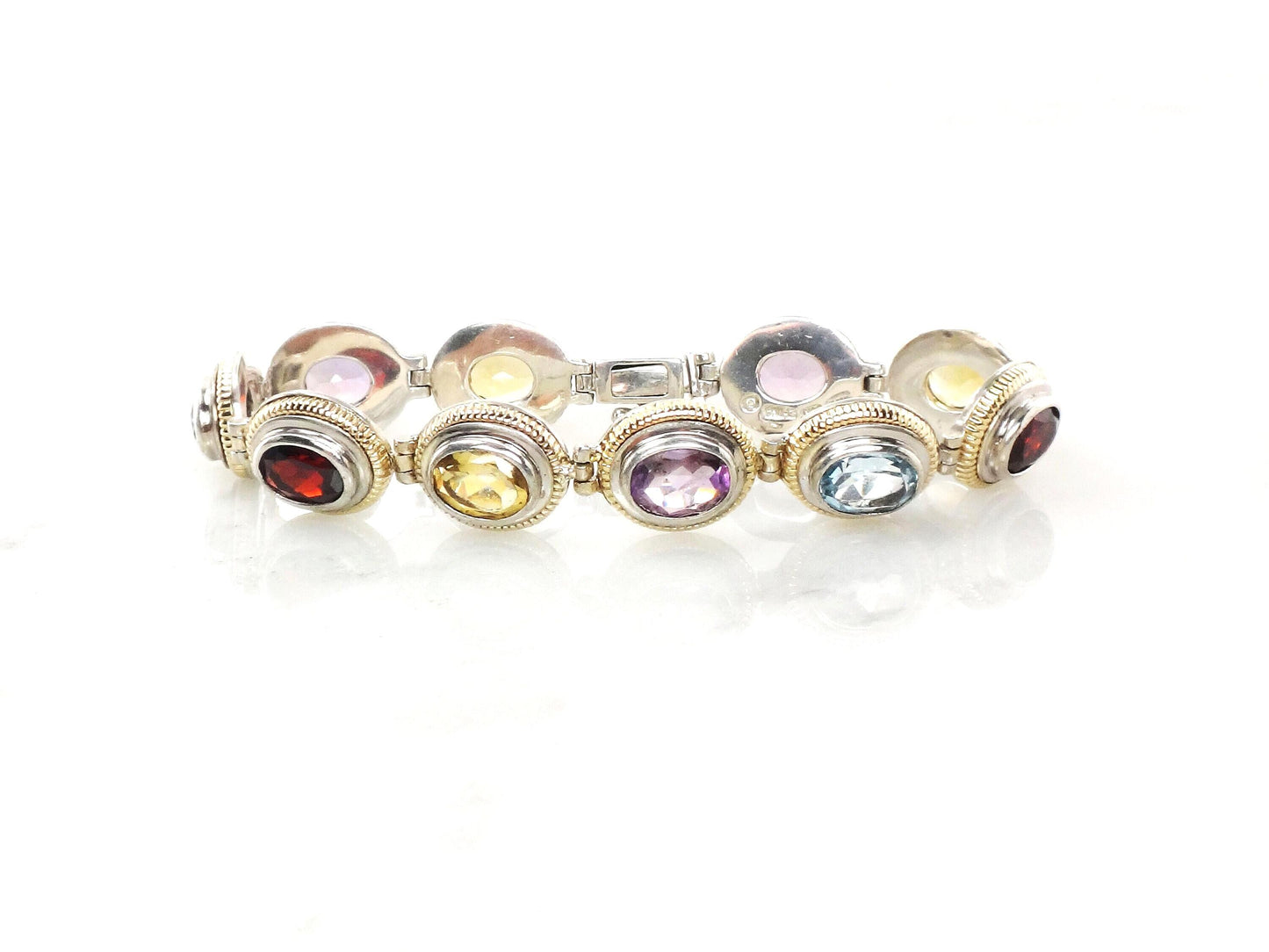 Vintage Multi-Stone Bracelet: 14k Gold & Sterling Silver - Citrine, Amethyst, Topaz, Garnet