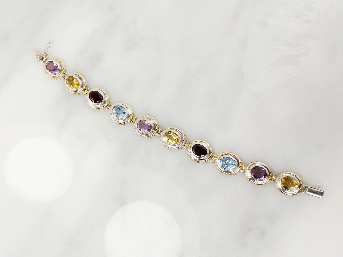 Vintage Multi-Stone Bracelet: 14k Gold & Sterling Silver - Citrine, Amethyst, Topaz, Garnet
