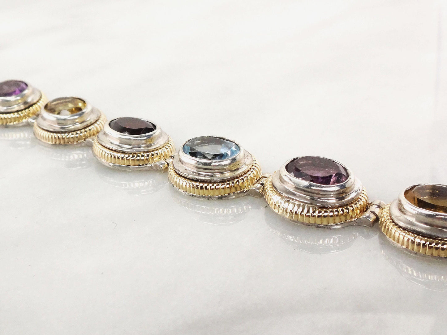 Vintage Multi-Stone Bracelet: 14k Gold & Sterling Silver - Citrine, Amethyst, Topaz, Garnet